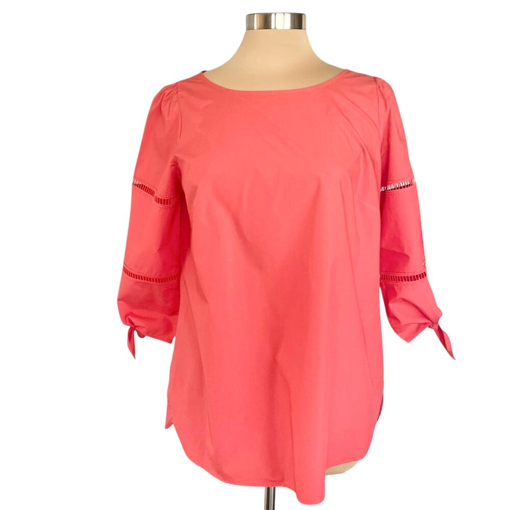 Talbots Orange Cotton Popover Blouse Sz Medium 3/4 Sleeves Bright Bold Summer